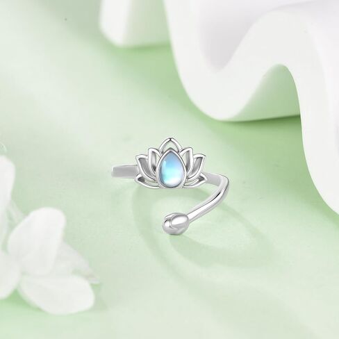 Lotus Ring 18K White Gold Plated Moonstone Just Breathe Encouragement Flower Adjustable Ring Lotus Jewelry Gifts for Women Mom in Saudi Arabia