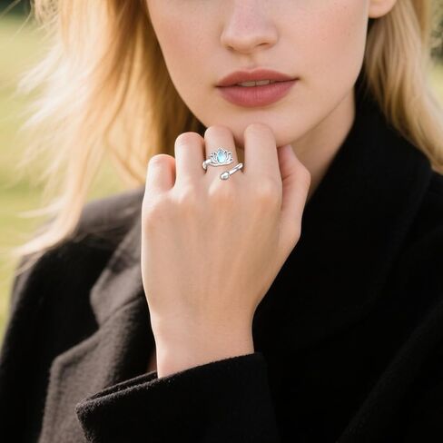 Lotus Ring 18K White Gold Plated Moonstone Just Breathe Encouragement Flower Adjustable Ring Lotus Jewelry Gifts for Women Mom in Saudi Arabia