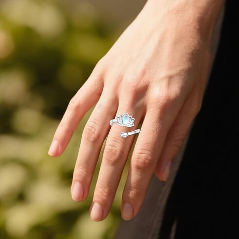 Lotus Ring 18K White Gold Plated Moonstone Just Breathe Encouragement Flower Adjustable Ring Lotus Jewelry Gifts for Women Mom in Saudi Arabia