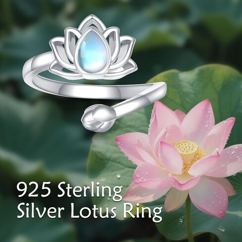 Lotus Ring 18K White Gold Plated Moonstone Just Breathe Encouragement Flower Adjustable Ring Lotus Jewelry Gifts for Women Mom in Saudi Arabia