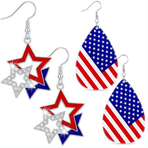 2 Pairs Patriotic Earrings for Women Accessories, 4th of July Earring for Holiday Party Independence Memorial Veterans Day Red White and Blue Jewelry (2 Pairs 4th of July Star Drop Set 1) in Saudi Arabia