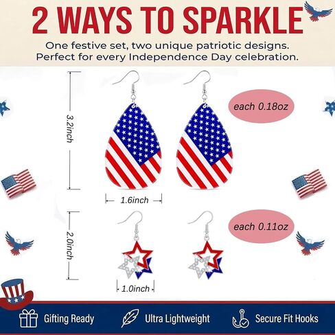 2 Pairs Patriotic Earrings for Women Accessories, 4th of July Earring for Holiday Party Independence Memorial Veterans Day Red White and Blue Jewelry (2 Pairs 4th of July Star Drop Set 1) in Saudi Arabia