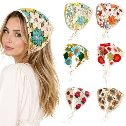 6PCS Crochet Bandana, Crochet Head Scarf and Hair Bandana, Handmade Daisy Flower Headscarf for Women, Adjustable Bohemian Head Wrap for Festival, Beach or Daily Style in Saudi Arabia
