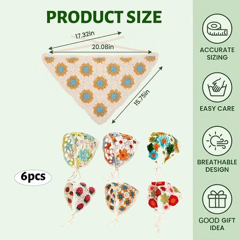 6PCS Crochet Bandana, Crochet Head Scarf and Hair Bandana, Handmade Daisy Flower Headscarf for Women, Adjustable Bohemian Head Wrap for Festival, Beach or Daily Style in Saudi Arabia