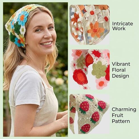 6PCS Crochet Bandana, Crochet Head Scarf and Hair Bandana, Handmade Daisy Flower Headscarf for Women, Adjustable Bohemian Head Wrap for Festival, Beach or Daily Style in Saudi Arabia