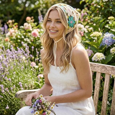 6PCS Crochet Bandana, Crochet Head Scarf and Hair Bandana, Handmade Daisy Flower Headscarf for Women, Adjustable Bohemian Head Wrap for Festival, Beach or Daily Style in Saudi Arabia
