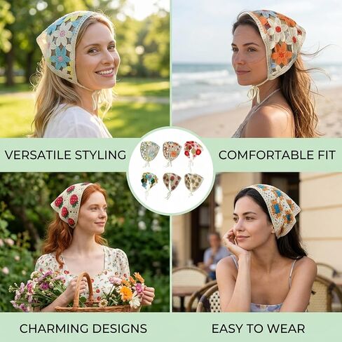 6PCS Crochet Bandana, Crochet Head Scarf and Hair Bandana, Handmade Daisy Flower Headscarf for Women, Adjustable Bohemian Head Wrap for Festival, Beach or Daily Style in Saudi Arabia