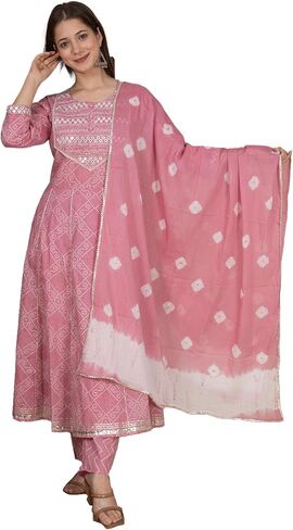 Meera Fab Women's Cotton Printed Pink Anarkali Kurta With Palazzo & Dupatta in Saudi Arabia