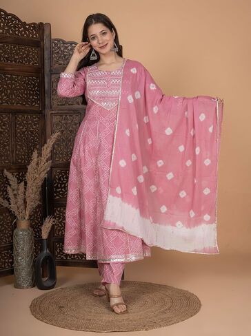 Meera Fab Women's Cotton Printed Pink Anarkali Kurta With Palazzo & Dupatta in Saudi Arabia