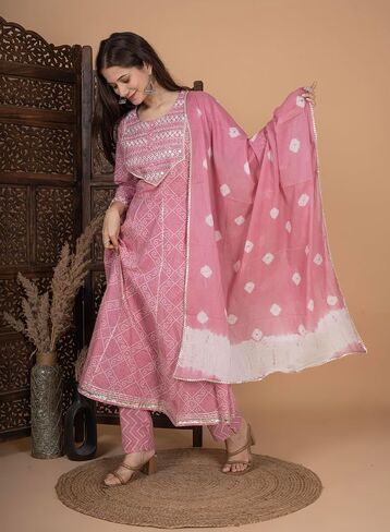 Meera Fab Women's Cotton Printed Pink Anarkali Kurta With Palazzo & Dupatta in Saudi Arabia