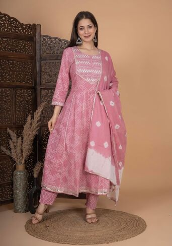 Meera Fab Women's Cotton Printed Pink Anarkali Kurta With Palazzo & Dupatta in Saudi Arabia