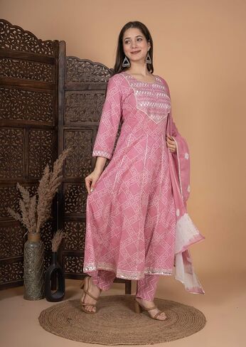 Meera Fab Women's Cotton Printed Pink Anarkali Kurta With Palazzo & Dupatta in Saudi Arabia
