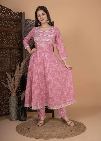 Meera Fab Women's Cotton Printed Pink Anarkali Kurta With Palazzo & Dupatta in Saudi Arabia