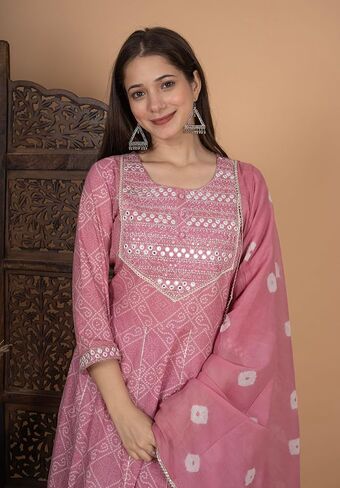 Meera Fab Women's Cotton Printed Pink Anarkali Kurta With Palazzo & Dupatta in Saudi Arabia