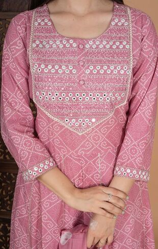 Meera Fab Women's Cotton Printed Pink Anarkali Kurta With Palazzo & Dupatta in Saudi Arabia