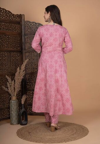 Meera Fab Women's Cotton Printed Pink Anarkali Kurta With Palazzo & Dupatta in Saudi Arabia
