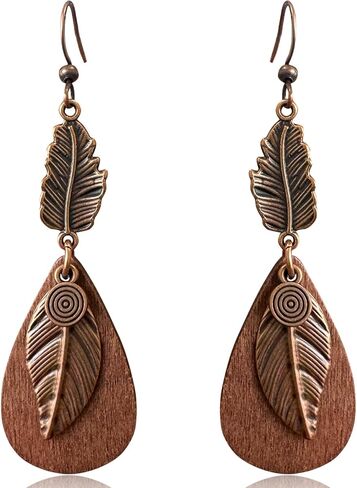 Bohemian Lightweight Vintage Copper Wooden Teardrop Feather Dangle Drop Earrings Retro Handmade Leaf Hook Earrings for Women in Saudi Arabia