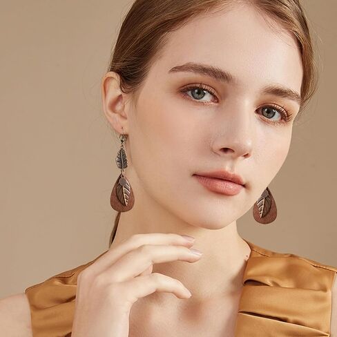 Bohemian Lightweight Vintage Copper Wooden Teardrop Feather Dangle Drop Earrings Retro Handmade Leaf Hook Earrings for Women in Saudi Arabia