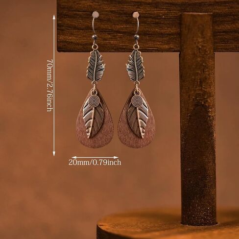Bohemian Lightweight Vintage Copper Wooden Teardrop Feather Dangle Drop Earrings Retro Handmade Leaf Hook Earrings for Women in Saudi Arabia