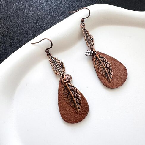 Bohemian Lightweight Vintage Copper Wooden Teardrop Feather Dangle Drop Earrings Retro Handmade Leaf Hook Earrings for Women in Saudi Arabia