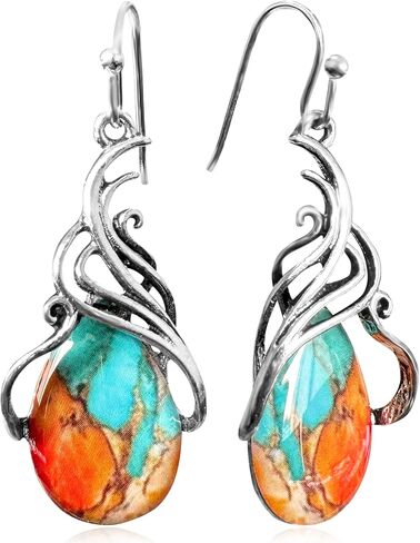 Bohemian Retro Silver Turquoise Stone Teardrop Tribal Dangle Drop Earrings Vintage Alloy Geometry Earrings For Women in Saudi Arabia