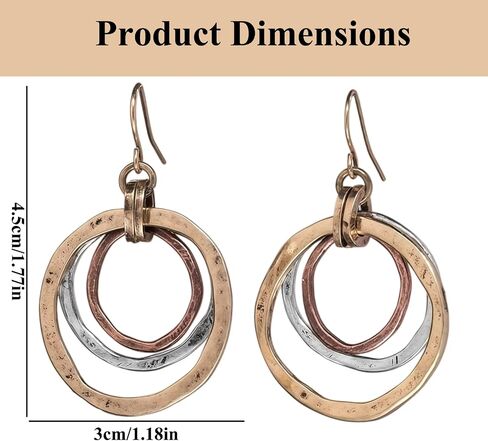 Boho Earrings for Women Mixed Metal,3-Tone Silver Gold Copper Hammered Texture Spiral Earring,Maze Dangle Earrings Jewelry Gifts for Women,Concert Accessories in Saudi Arabia