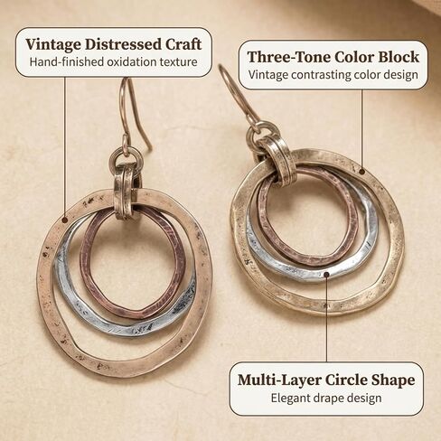 Boho Earrings for Women Mixed Metal,3-Tone Silver Gold Copper Hammered Texture Spiral Earring,Maze Dangle Earrings Jewelry Gifts for Women,Concert Accessories in Saudi Arabia