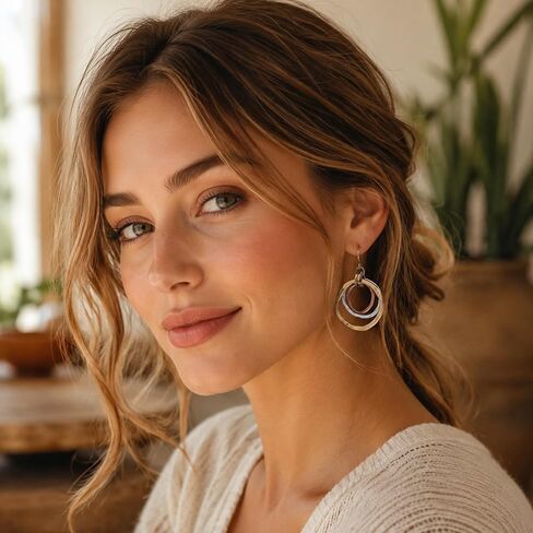 Boho Earrings for Women Mixed Metal,3-Tone Silver Gold Copper Hammered Texture Spiral Earring,Maze Dangle Earrings Jewelry Gifts for Women,Concert Accessories in Saudi Arabia