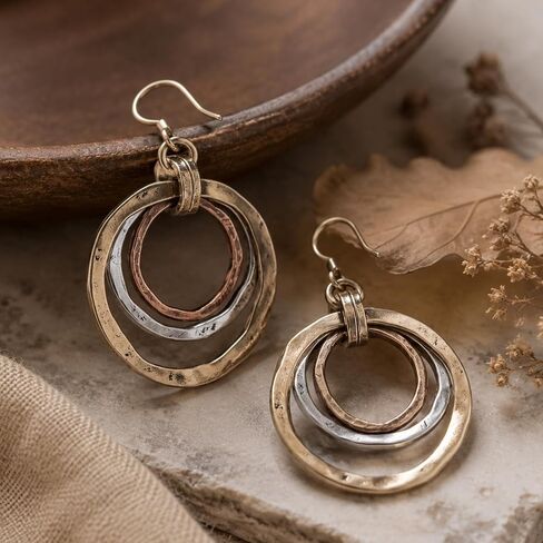 Boho Earrings for Women Mixed Metal,3-Tone Silver Gold Copper Hammered Texture Spiral Earring,Maze Dangle Earrings Jewelry Gifts for Women,Concert Accessories in Saudi Arabia