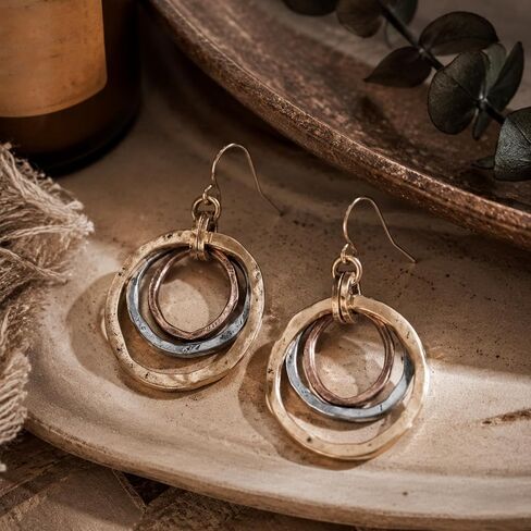 Boho Earrings for Women Mixed Metal,3-Tone Silver Gold Copper Hammered Texture Spiral Earring,Maze Dangle Earrings Jewelry Gifts for Women,Concert Accessories in Saudi Arabia