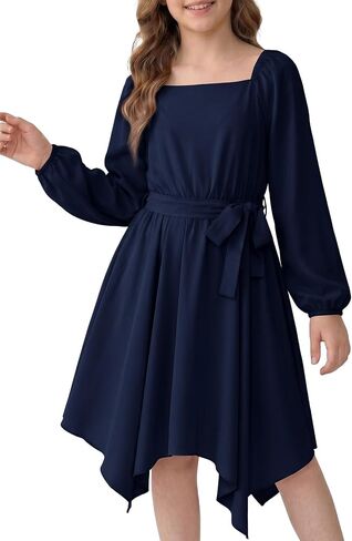 blibean Girls Long Sleeve Fall Dresses Tie Waist High Low Dress with Pockets Size 6-15 Years in Kuwait