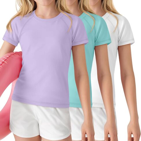 قمصان سباحة 3 Park Girls Rash Guard بعامل حماية من أشعة الشمس 50+، ملابس سباحة للأطفال بأكمام قصيرة رياضية للحماية من الشمس، 5-14 سنة in Kuwait