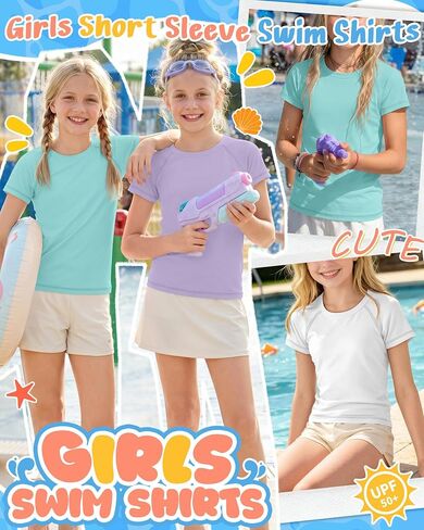 قمصان سباحة 3 Park Girls Rash Guard بعامل حماية من أشعة الشمس 50+، ملابس سباحة للأطفال بأكمام قصيرة رياضية للحماية من الشمس، 5-14 سنة in Kuwait