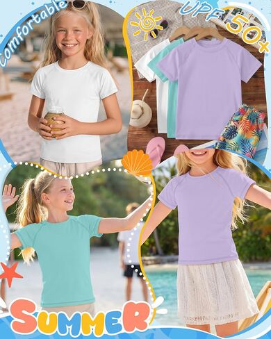 قمصان سباحة 3 Park Girls Rash Guard بعامل حماية من أشعة الشمس 50+، ملابس سباحة للأطفال بأكمام قصيرة رياضية للحماية من الشمس، 5-14 سنة in Kuwait