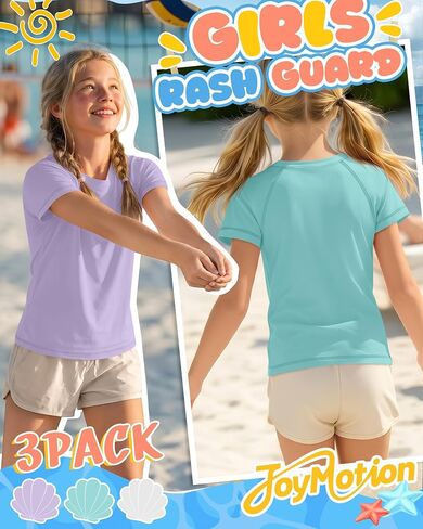 قمصان سباحة 3 Park Girls Rash Guard بعامل حماية من أشعة الشمس 50+، ملابس سباحة للأطفال بأكمام قصيرة رياضية للحماية من الشمس، 5-14 سنة in Kuwait