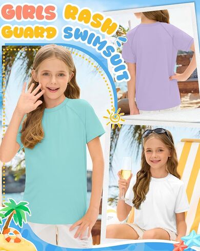 قمصان سباحة 3 Park Girls Rash Guard بعامل حماية من أشعة الشمس 50+، ملابس سباحة للأطفال بأكمام قصيرة رياضية للحماية من الشمس، 5-14 سنة in Kuwait