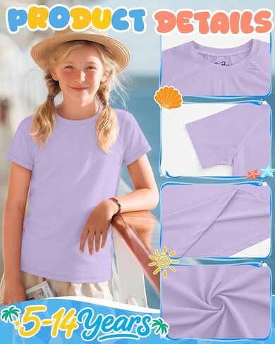 قمصان سباحة 3 Park Girls Rash Guard بعامل حماية من أشعة الشمس 50+، ملابس سباحة للأطفال بأكمام قصيرة رياضية للحماية من الشمس، 5-14 سنة in Kuwait