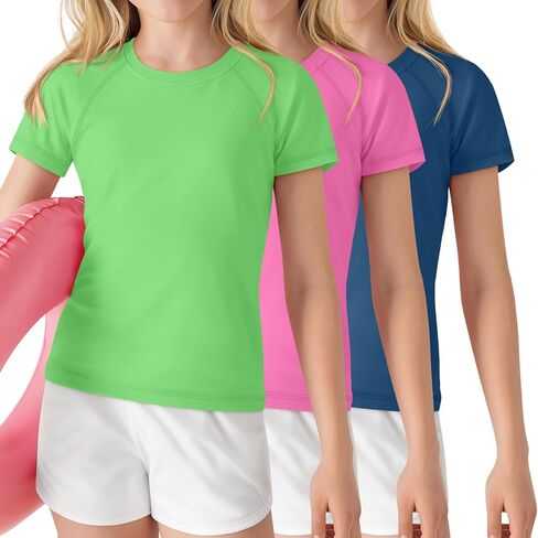 قمصان سباحة 3 Park Girls Rash Guard بعامل حماية من أشعة الشمس 50+، ملابس سباحة للأطفال بأكمام قصيرة رياضية للحماية من الشمس، 5-14 سنة in Kuwait