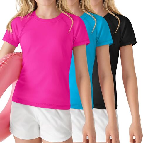 قمصان سباحة 3 Park Girls Rash Guard بعامل حماية من أشعة الشمس 50+، ملابس سباحة للأطفال بأكمام قصيرة رياضية للحماية من الشمس، 5-14 سنة in Kuwait