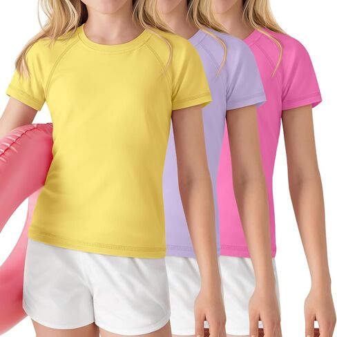 قمصان سباحة 3 Park Girls Rash Guard بعامل حماية من أشعة الشمس 50+، ملابس سباحة للأطفال بأكمام قصيرة رياضية للحماية من الشمس، 5-14 سنة in Kuwait