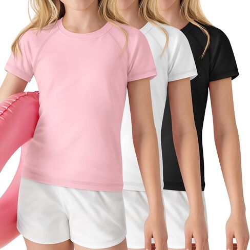 قمصان سباحة 3 Park Girls Rash Guard بعامل حماية من أشعة الشمس 50+، ملابس سباحة للأطفال بأكمام قصيرة رياضية للحماية من الشمس، 5-14 سنة in Kuwait