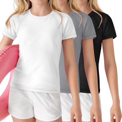 قمصان سباحة 3 Park Girls Rash Guard بعامل حماية من أشعة الشمس 50+، ملابس سباحة للأطفال بأكمام قصيرة رياضية للحماية من الشمس، 5-14 سنة in Kuwait