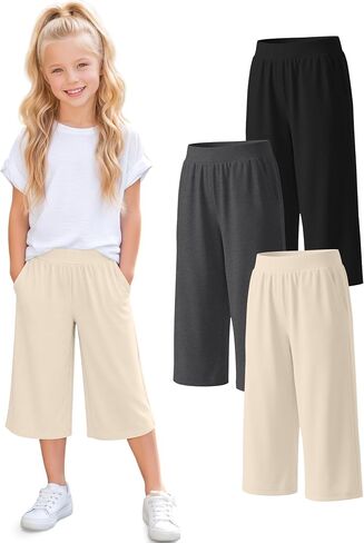 3 Pack Girls' Capri Pants Wide Leg Elastic Waist Loose Fit Capris Casual Workout Summer Cropped Pants with Pockets in Saudi Arabia
