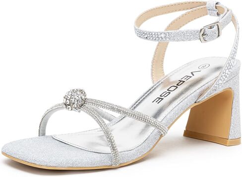 Vepose Women's Rhinestone Strappy Heeled Sandals, Square Open Toe - Approx 3 Inch Slim Block Heels, Dressy Wedding Guest Prom Bridal Evening Shoes 6116 in Kuwait