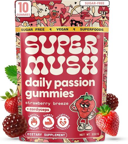 SuperMush Daily Passion Horny Goat Weed Gummies for Men & Women - Intimacy Gummies with Cordyceps, Reishi & Maca Root - Ignite Feel-Good Vibes & Lasting Energy Supplement, Made in the USA (10 Count) in Saudi Arabia