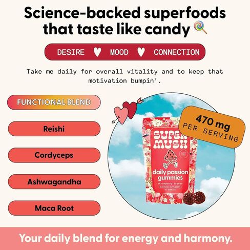 SuperMush Daily Passion Horny Goat Weed Gummies for Men & Women - Intimacy Gummies with Cordyceps, Reishi & Maca Root - Ignite Feel-Good Vibes & Lasting Energy Supplement, Made in the USA (10 Count) in Saudi Arabia