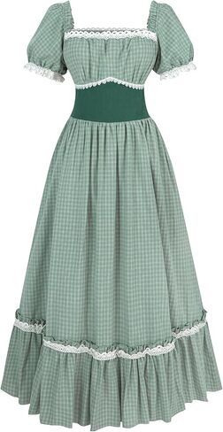 Victorian Dress for Women Green Plaid Regency Ball Gown Puff Sleeve Renaissance Dress with Pocket in Saudi Arabia