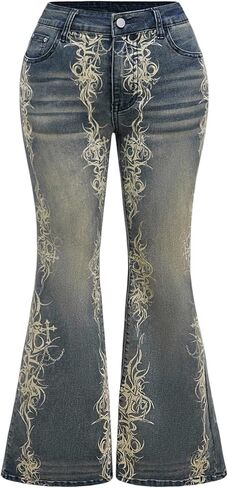 بنطلون جينز نسائي WDIRARA بمقاس كبير من Goth Punk Graphic Flare Jeans من قماش الدنيم ملابس الشارع in Kuwait