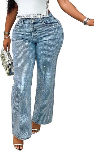 Kwunbwa Women's Rhinestone Jeans High Waisted Wide Straight Leg Baggy Y2k Sparkly Bling Glitter Denim Pants Trousers in Saudi Arabia