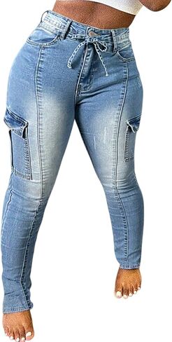 Women's Cargo Pants Slim Fit High Waisted Stretch Skinny Joggers with Drawstring & Multiple Pockets Tapered Trousers in Saudi Arabia